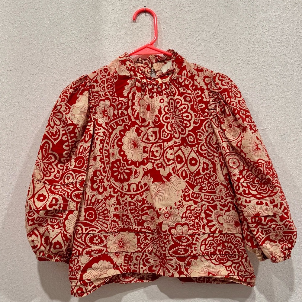 Red and Cream Floral Blouse with High Neckline